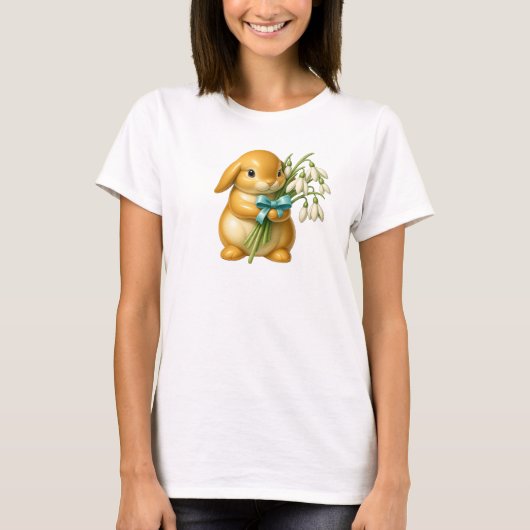 Lapin en 3D, bouquet de fleurs et ruban satiné. Tシャツ (正面)
