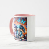 Lapins en peluche bleus et violets avec cœurs. マグカップ (正面左)