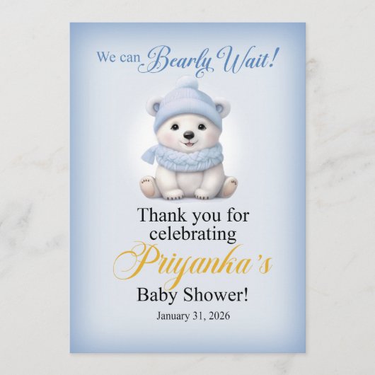 LAQUITA polar bear Baby Shower sign for Priyanka 招待状 (正面)