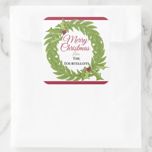 Large 3-Inch Personalized Christmas Wreath Square スクエアシール (バッグ)