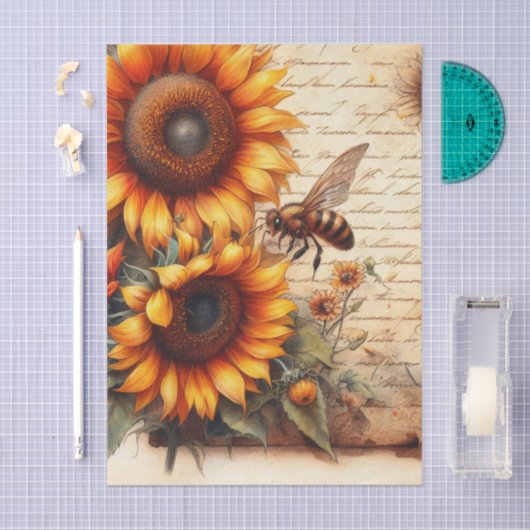 Large and Small Sunflowers with Bees and Script 薄葉紙 (クラフト)