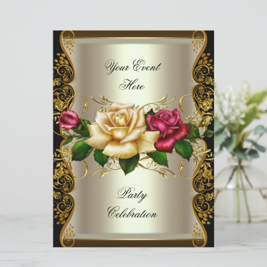 LARGE Anyイベントパーティークリーム金ゴールドブラックバラ 招待状 (スタンド正面)