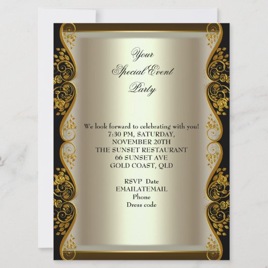 LARGE Anyイベントパーティークリーム金ゴールドブラックバラ 招待状 (裏面)
