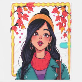 Large Autumn Girl Fleece Blanket – Cozy Oversized  フリースブランケット