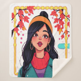 Large Autumn Girl Sherpa Blanket – Cozy Oversized  シェルパブランケット