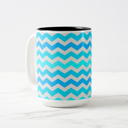 Large Blue and Aqua Chevron Striped Mug ツートーンマグカップ (正面左)