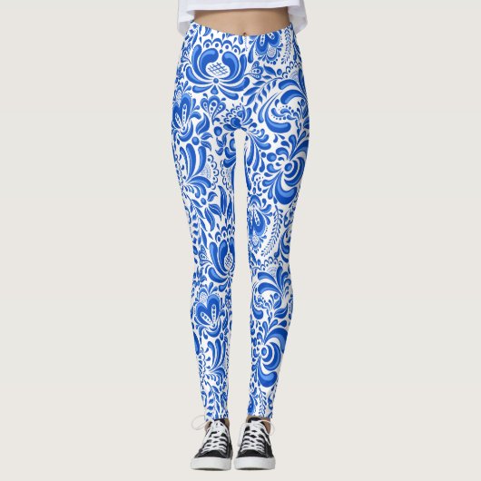 Large China blue and white pattern Leggings レギンス (正面)