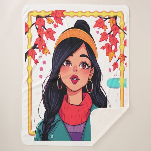 Large Cozy Autumn Girl Fleece Blanket – Oversized  シェルパブランケット (正面)