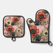 Large Florals Rich Rust, Deep Purple, Cream 鍋つかみ&鍋敷きセット (正面)