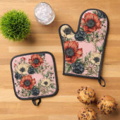 Large Florals Rich Rust, Deep Purple, Cream 鍋つかみ&鍋敷きセット (トップダウン)