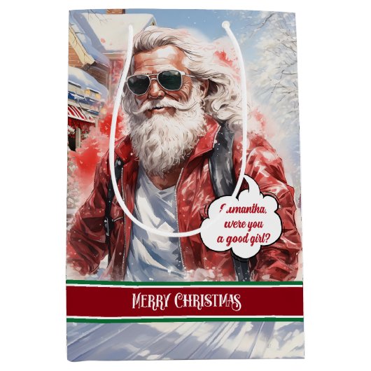 Large Gift Bag Funny Santa Personalized Accent ミディアムペーパーバッグ (正面)