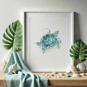 Large Green and Blue Watercolor Sea Turtle Art ポスター