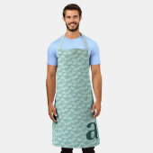 Large Letter Monogram Teal Blue Floral Pattern エプロン (着用した状態)