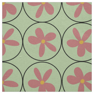 Large Mint Retro Floral Tile Ivory Linen Fabric ファブリック