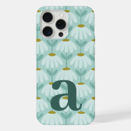 Large Monogram Letter Teal Blue Vintage Floral iPhone 15 Pro Maxケース