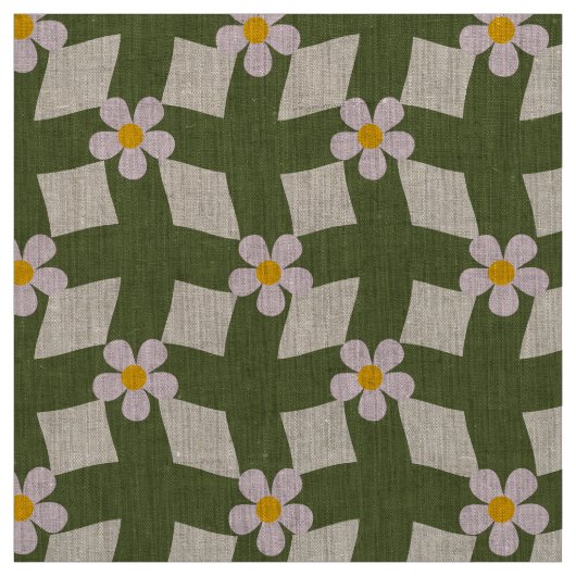 Large Moss Abstract Floral Grid Natural Linen ファブリック (見本)
