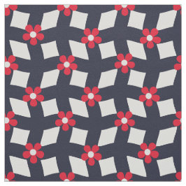 Large Navy Abstract Floral Grid - Cotton Twill ファブリック