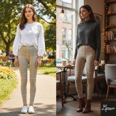 Large Neutral Light Taupe Wool Tartan レギンス