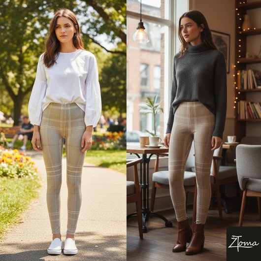 Large Neutral Light Taupe Wool Tartan レギンス