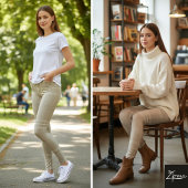 Large Neutral Light Taupe Wool Tartan レギンス