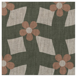 Large Olive Abstract Floral Grid - Natural Linen ファブリック