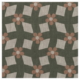 Large Olive Abstract Floral Grid - Natural Linen ファブリック