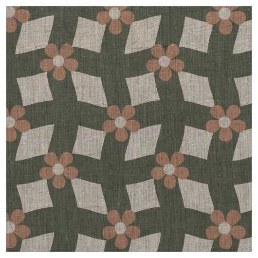 Large Olive Abstract Floral Grid - Natural Linen ファブリック (見本)