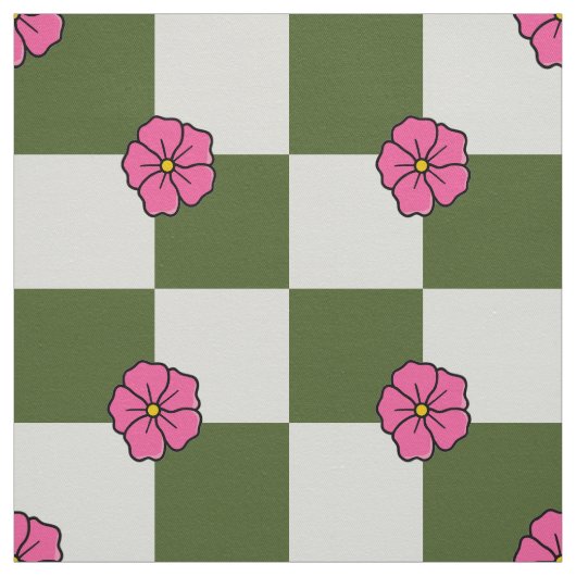 Large Olive Pink Floral Checkerboard Twill ファブリック (見本)