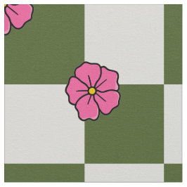 Large Olive Pink Floral Checkerboard Twill ファブリック