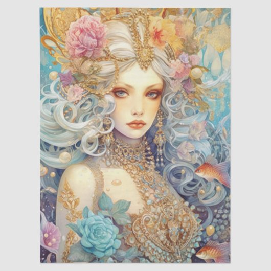 Large Pastel Watercolor Floral Mermaid Decoupage 薄葉紙 (正面)