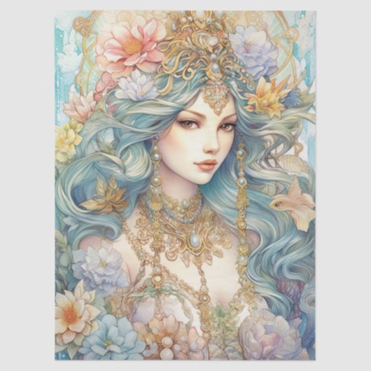 Large Pastel Watercolor Floral Mermaid Decoupage 薄葉紙 (正面)