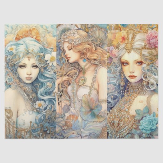 Large Pastel Watercolor Floral Mermaid Decoupage 薄葉紙 (正面)
