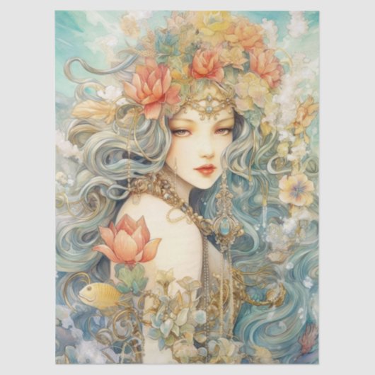 Large Pastel Watercolor Floral Mermaid Decoupage 薄葉紙 (正面)