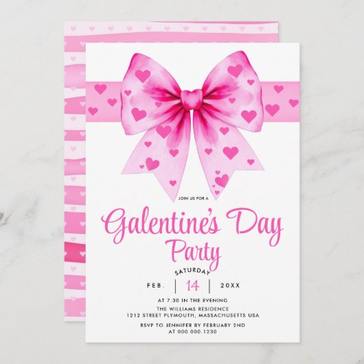 Large pink bow and hearts Galentine's Day party    招待状 (正面/裏面)