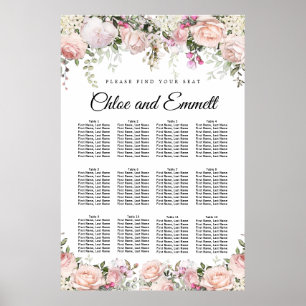 Large Pink Floral 12-Table Wedding Seating Chart ポスター