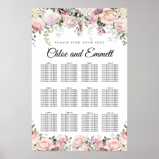 Large Pink Floral 12-Table Wedding Seating Chart ポスター (正面)