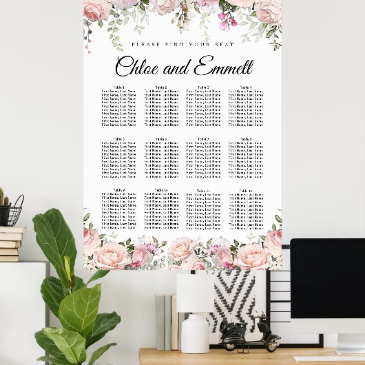 Large Pink Floral 12-Table Wedding Seating Chart ポスター (ホームオフィス)