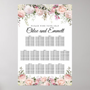 Large Pink Floral 13-Table Wedding Seating Chart ポスター