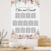 Large Pink Floral 13-Table Wedding Seating Chart ポスター (キッチン)