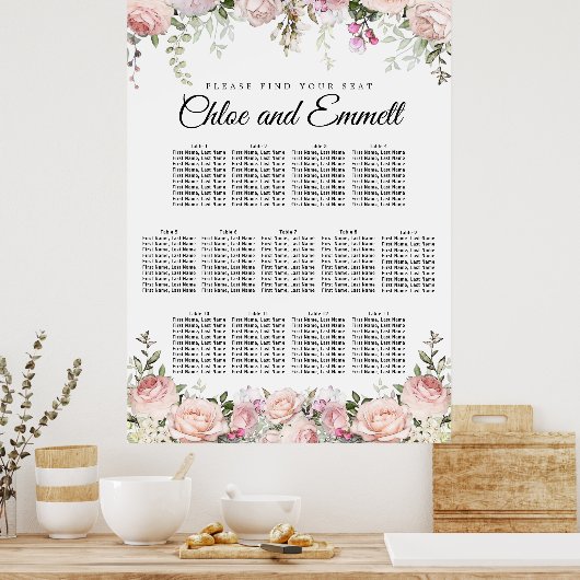 Large Pink Floral 13-Table Wedding Seating Chart ポスター (キッチン)