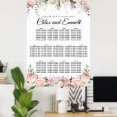Large Pink Floral 13-Table Wedding Seating Chart ポスター (ホームオフィス)