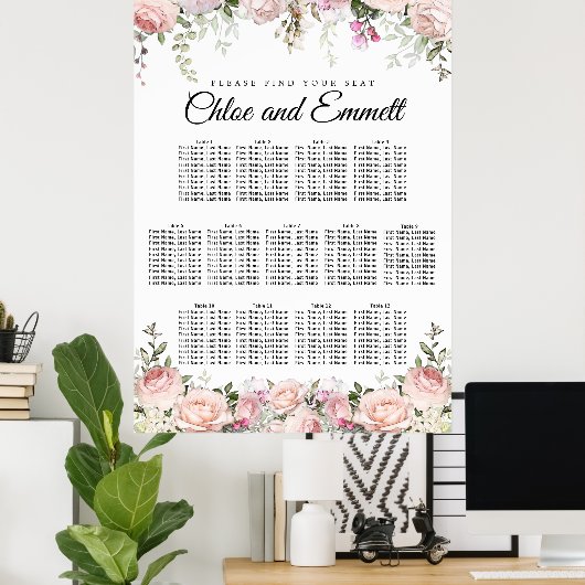 Large Pink Floral 13-Table Wedding Seating Chart ポスター (ホームオフィス)