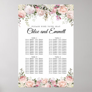 Large Pink Floral 4-Table Wedding Seating Chart ポスター