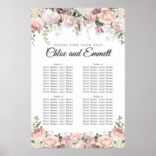 Large Pink Floral 4-Table Wedding Seating Chart ポスター (正面)