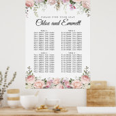 Large Pink Floral 4-Table Wedding Seating Chart ポスター (キッチン)