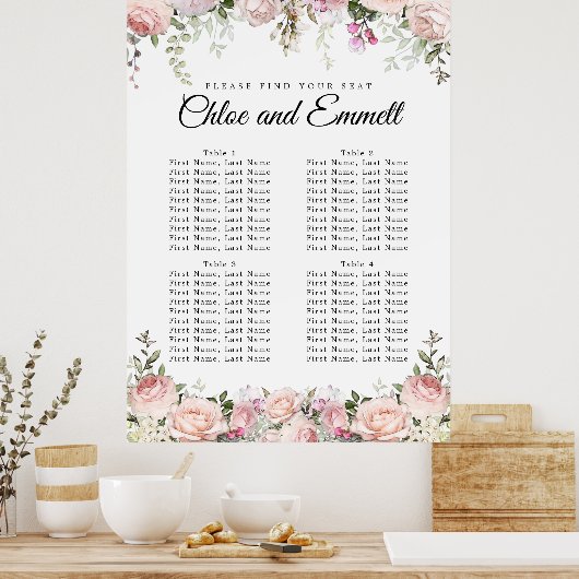Large Pink Floral 4-Table Wedding Seating Chart ポスター (キッチン)
