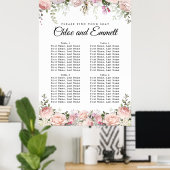 Large Pink Floral 4-Table Wedding Seating Chart ポスター (ホームオフィス)