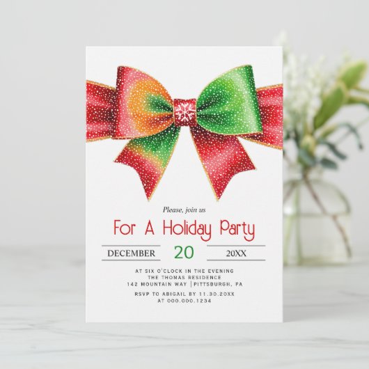 Large red and green bow christmas holiday party 招待状 (スタンド正面)