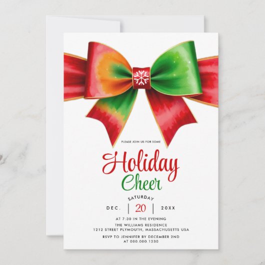 Large red, green bow and stripes Christmas party 招待状 (正面)