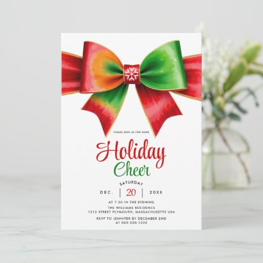 Large red, green bow and stripes Christmas party 招待状 (スタンド正面)